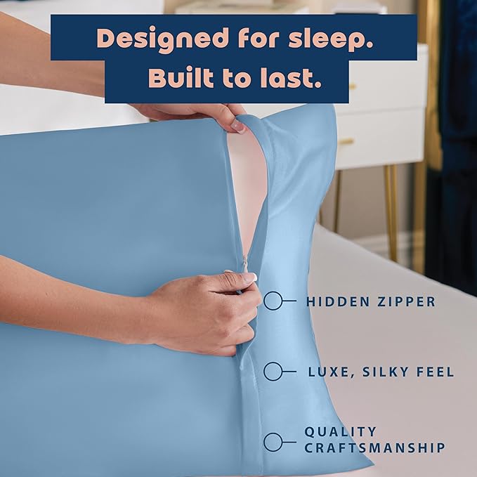 BLISSFORD Luxury Satin Pillowcase for Hair – King Satin Pillowcase with Zipper, Jewel Blue (Pillowcase Set of 2)
