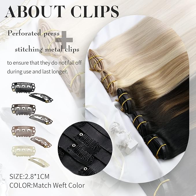 Moresoo Seamless Clip in Hair Extensions Real Human Hair Black Straight Can Be Curled Hair Extensions Clip ins Short 14inch Pure Skin Invisible Natural Black for Daily Use 120g/7pcsv