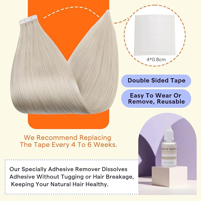 Full Shine Tape in Hair Extensions Remy Human Hair Color 1000 Blonde 50 Grams Human Hair Extensions Tape Ins 20 Pieces Seamless Skin Weft Real Human Hair 24 Inch Add Length