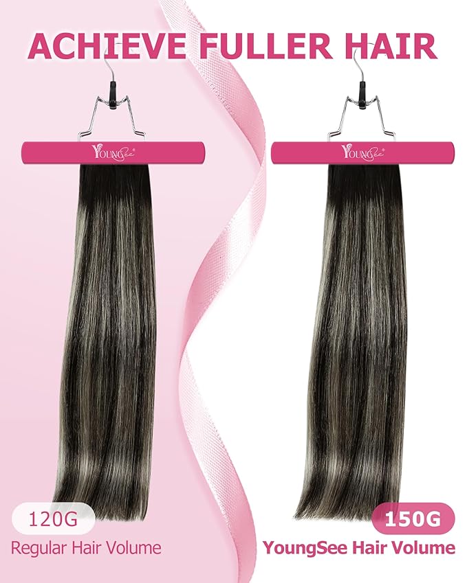 YoungSee 135G Balayage Hair Extensions Clip ins Black Silver Clip in Hair Extensions Human Hair Natural Black Mix Silver Balayage Clip on Hair Extension for Women 135G 18Inch 7Pcs