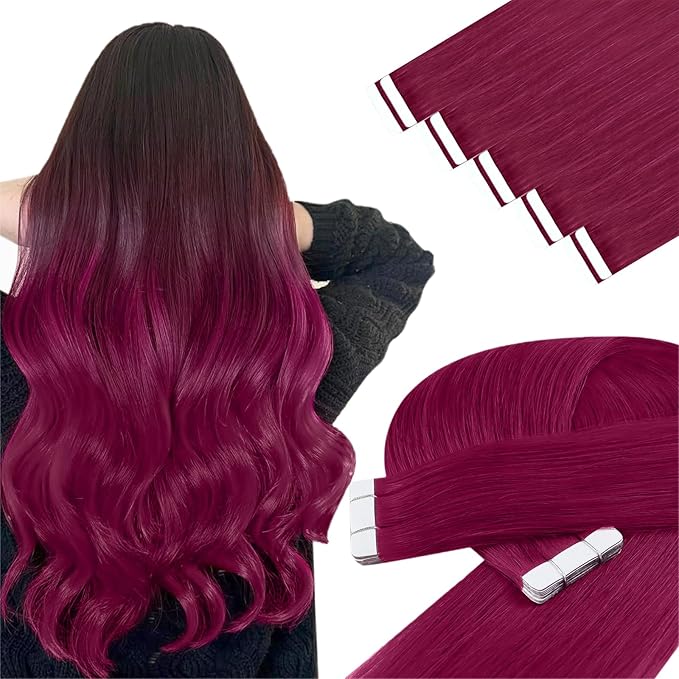 YoungSee Invisible Tape in Hair Extensions Magenta 22 Inch Human Hair Tape in Extensions Rosein Colored Hair Extension Real Human Hair Tape-in for Long Hair 10pcs 25g