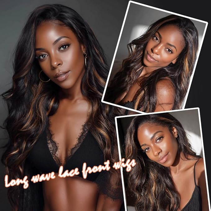 Long Brown with Highlight Synthetic Lace Front Wig Heat Resistant Body Wave Lace Front Wavy Wigs Free Part Natural Hair Wig for Women 24 Inch Fashion Glueless (24 Inch)