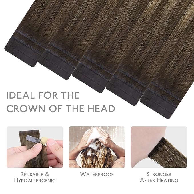 WENNALIFE Invisi Edge & Classic Tape in Hair Extensions Human Hair, 20 Inch 50g 20pcs(10pcs Invisi Edge & 10pcs Classic) Balayage Chocolate Brown to Caramel Blonde Invisible Luxury Remy Hair Injected