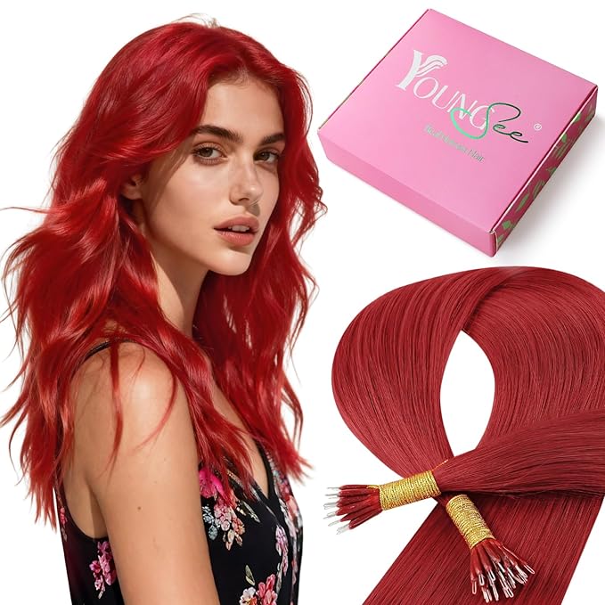 YoungSee Nano Ring Hair Extensions Red Nano Beads Hair Extensions Human Hair 22 inch Nano-tip Extension Red Nanolink Remy Hair Colored for Holiday Dinners 25g 25s