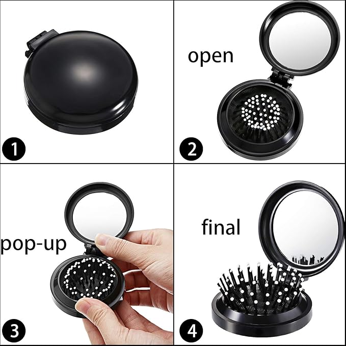 Boao 2 Pack Foldable Travel Mirror Hair Brushes Round Portable Folding Pocket Hair Brush Mini Comb Compact Travel Size Massage Comb for Men Women(Black)