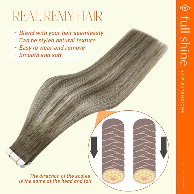 Full Shine Invisible Tape in Hair Extensions Balayage Brown and Blonde 7/1000/7 Seamless Hair Extensions Tape in Straight Tape in Human Hair Extensions 22 Inch 50G Skin Weft Tape Extensions 20 Pcs