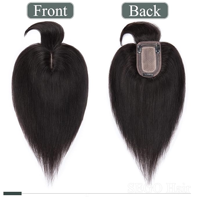 SEGO Hair Toppers for Women Real Human Hair with Thinning Hair, Toppers Hair Pieces Clip in Toppers Straight Hair Pieces with Front Bangs 150% Density Silk Base -8 Inch #1B Natural black
