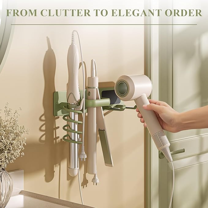 BSICPRO Hair Dryer Holder-3 in 1 Blow Dryer Holder-Metal Bathroom Hair Tool Organizer Wall Mounted-Bathroom Organizer for Hairdryer Curling Iron Flat Iron (Sage)
