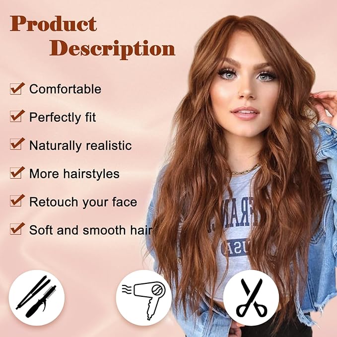 NAYOO Long Auburn Wavy Wig for Women 26 Inch Middle Part Curly Wavy Wig Natural Looking Synthetic Heat Resistant Fiber for Daily Party Use(26Inch Auburn)