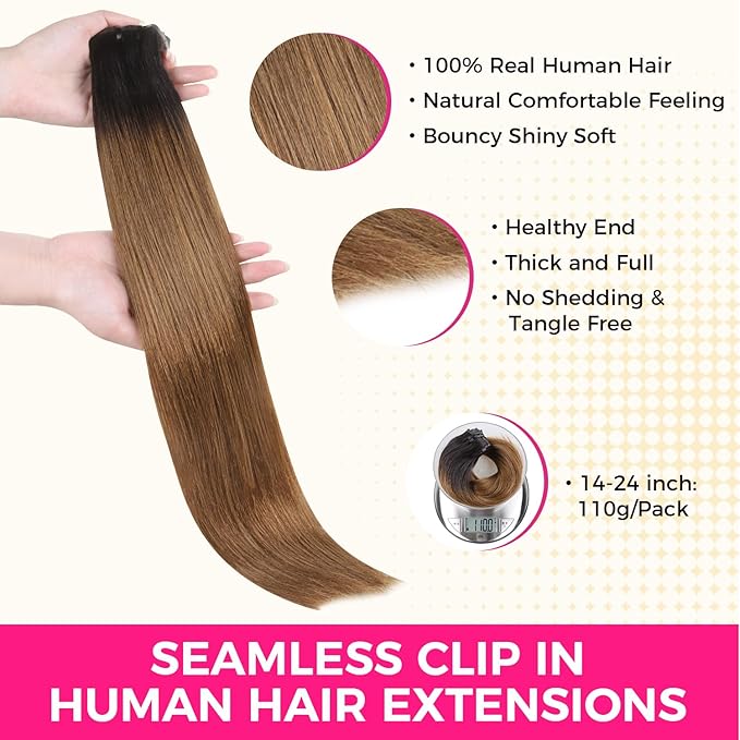 Lashey Light Yaki Straight Seamless Clip in Hair Extensions Human Hair 110g 7pcs Ombre Natural Black to Medium Auburn Hair Extensions Real Human Hair 24 Inch Long Human Hair Extensions for Women