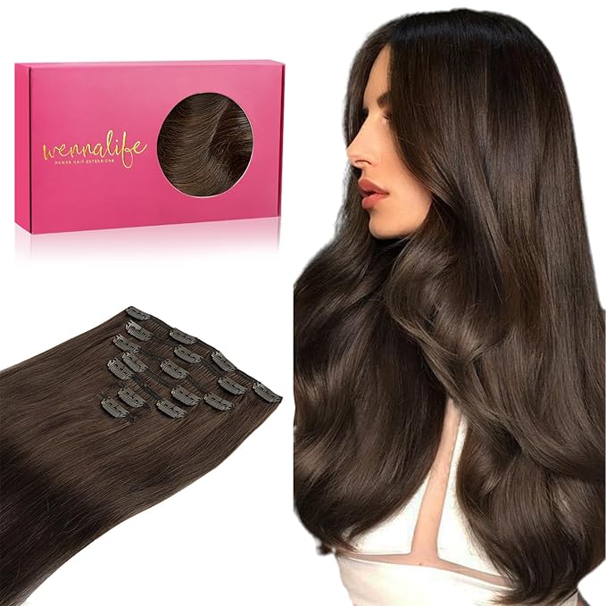 WENNALIFE Clip in Hair Extensions Real Human Hair, 22 Inch 160g 7pcs Chocolate Brown Remy Hair Straight Natural Extensiones De Cabello Humano Con Clip Ins
