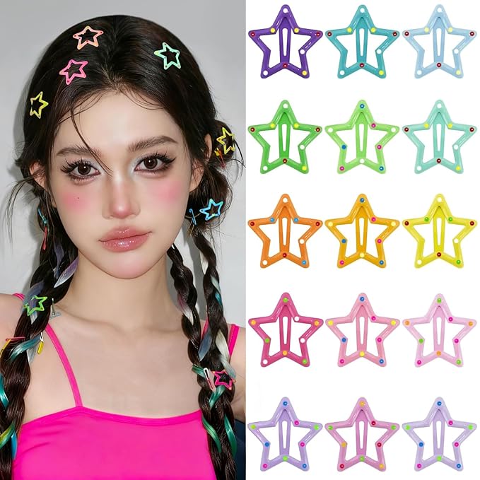 Star Hair Clips Multiple Colors Snap Hair Barrettes Non Slip Star Hair Accessories Metal Hair Clips for Girls Women -15 PCS 1.18"