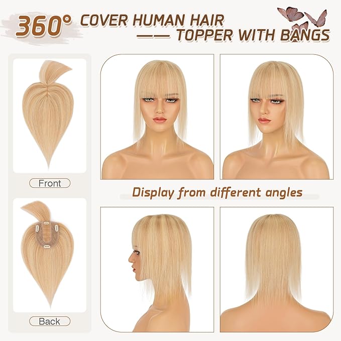 Rich Choices Real Human Hair Toppers for Women With Bang 100% Remy Human Hair Topper for Thinning Hair Clip in Silk Base Hair Topper 14 Inch #18P613 Ash Blonde Mix Bleach Blonde