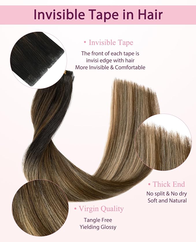 Pinkpearl Invisible Tape in Hair Extensions Human Hair, 20pcs 20inch 55g #1B/4/27 Balayage Natural Black to Chocolate Brown and Caramel Blonde Injection Tape in Extensions Remy Human Hair Injected
