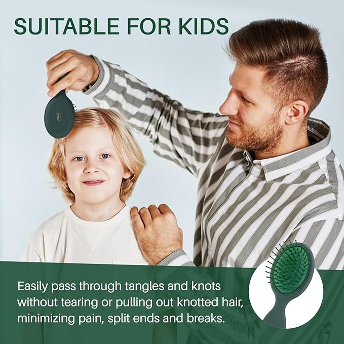 RHOS Mini Hair Brush for Women,Men and Kids-Travel Size Hair Brush for Purse,Pocket,backpack-Small Cushion Paddle Brush with Soft Bristles-Mini Detangler Brush for All Hair Types(1 Pack-Green)