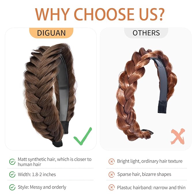 DIGUAN Wide Messy Braided Headband With Teeth Synthetic Hair Plaited Headband High Elasticity Braids Fishtail Braided Hair Band Hairpiece for Girls Women (Sandy Blonde)