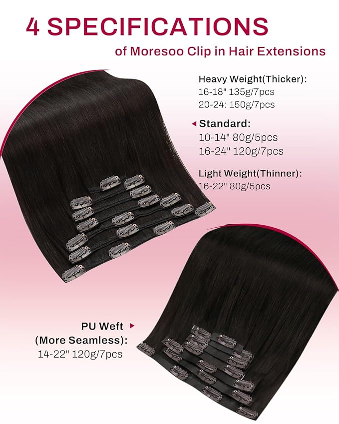 Moresoo Brown Seamless Clip in Hair Extensions Human Hair Short Darkest Brown Hair Extensions Clip ins Invisible for Women 120g/7pcs 14 inch