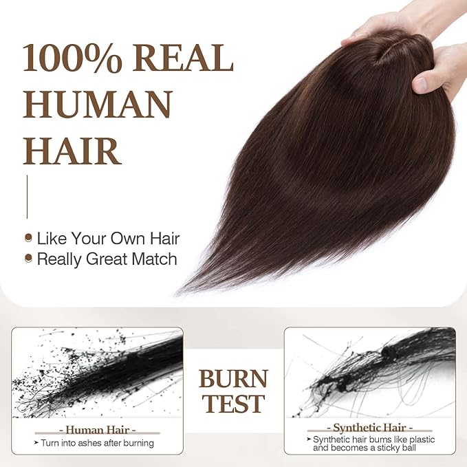 Rich Choices Hair Toppers for Women Real Human Hair 100% Human Remy Toppers NO Bangs for Women with Thinning on Top Clip in Hairpiece 4"x4.7"Lace Base 8 Inch #2 Dark Brown