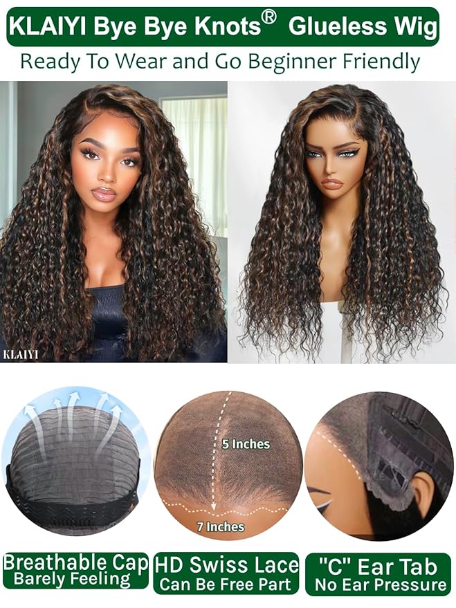 KLAIYI Golden Brown Water Wave Bye Bye Knots Glueless Wig Human Hair Highlight 7x5 Precut Lace Front Pre Plucked Bleached Ombre 3S Ready to Wear Go Beginners Wig with Dark Roots Deep Curly Wave 24Inch