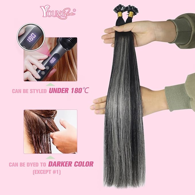 YoungSee K Tip Hair Extensions Real Human Hair Ombre K Tip Extensions Natural Black Roots to Silver Grey Balayage Keratin Tip Hair Extensions Human Hair Pre Bonded 50g 20inch 50s