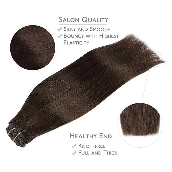 WENNALIFE Clip in Hair Extensions Real Human Hair, 14 Inch 120g 7pcs Remy Hair, Chocolate Brown Straight Natural Coloured Extensiones De Cabello Humano Con Clip Ins