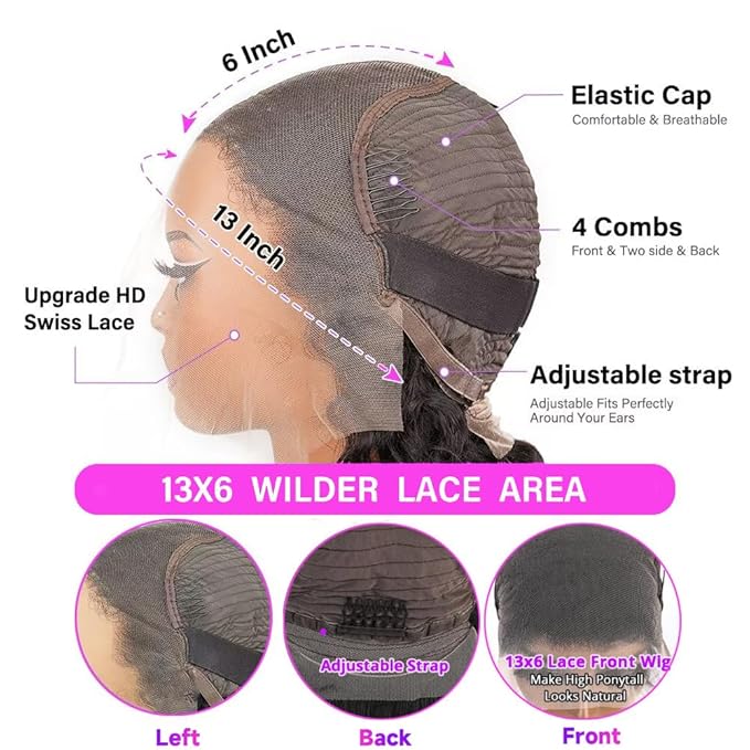 30 Inch 13x6 Body Wave Lace Front Wigs Human Hair 200 Density HD Lace Front Wigs Pre Plucked Brazilian Virgin Human Hair Wigs for Women Glueless Full Lace Frontal Wig Natural Black Body Wave Wig