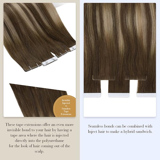 Full Shine Virgin Injection Tape in Hair Extensions Color 4 Brown Fading to 27 Blonde And 4 Injected Tape in Hair Extensins Machine Remy Seamless Tape in Extensions 18 Inch 12.5 Gram 5Pcs