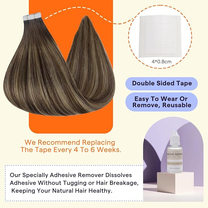 Full Shine Tape Ins Human Hair Extensions Color 4/24/4 Brown and Honey Blonde 22 Inch Invisible Seamless Skin Weft Tape in Hair Extensions 100 Grams Natural Soft and Silky Remy Hair 40PCS for Party