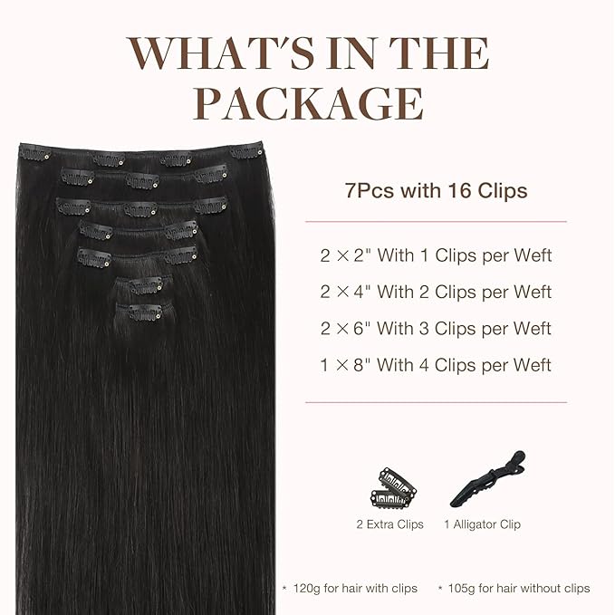 GOO GOO Clip in Hair Extensions Real Human Hair, Remy Human Hair Extensions Clip ins for Women, Natural Human Hair, 26inch 135g 7Pcs, 1B Natural black