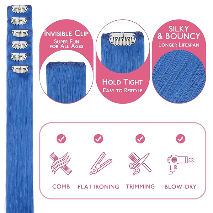 WENNALIFE Blue Clip in Hair Extensions Real Human Hair 35g 6pcs 14 Inch Colored Hair Extensions for Kids Women Colorful Hair Pieces Pop-up Style Straight Extensiones De Cabello Humano Con Clip