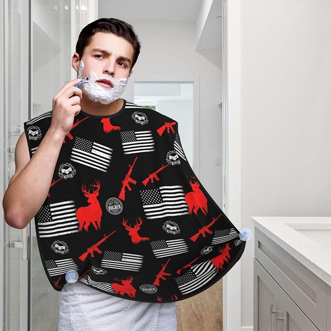Beard Trimming Catcher Apron, Waterproof Non-Stick Grooming Bib for Shaving, Ideal for Men Dad Father’s Day, Thin Red Line American Hunting Deer Flag Shave Bib