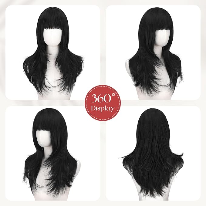 SOFEIYAN Long Straight Layered Wig with Bangs 24 Inch Synthetic Natural Hair Wig Soft Heat Resistant Long Wigs for Women Daily Party Use