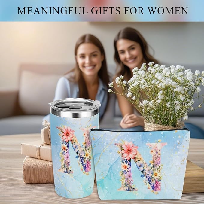 Personalized Gifts Monogrammed Birthday Gifts for Women, Colleague, Female Farewell Christmas, Initial 20 oz Tumbler, Makeup Cosmetic Bag Cup Pens Journal Notebook 6 Set, (Aesthetic Blue Flower N)