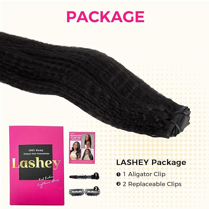 Lashey Seamless Clip in Hair Extensions Human Hair 7pcs 110g Kinky Straight, #1 Jet Black 16 Inch Clip in for Women