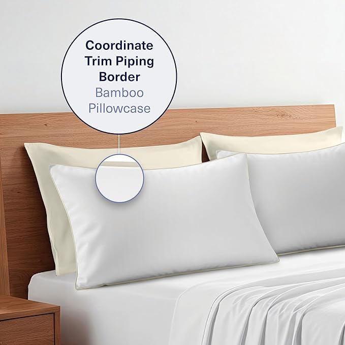 Kickoff Viscose Bamboo Pillowcase, King, Set of 2, 100% Organic Hidden Zippered Viscose Bamboo Pillow Case King Size, Cooling Pillow Cover for Hot Sleepers (20"x40", Trimmed, Buttercream)
