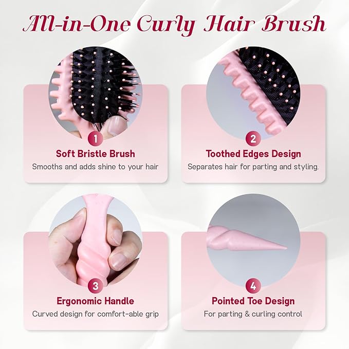 Curly Hair Brush, 5-in-1 Detangling & Curl Defining Brush for Curly Hair Wet or Dry, Shaping & Styling Brushes with Less Pulling for Women & Men (Pink)