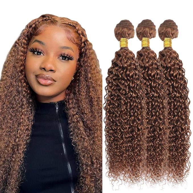 Light Brown Bundles Human Hair Color #30 Water Wave Bundle Niegmeag Brazilian Virgin Hair 3 Bundles 16 18 20 Inch Double Weft Light Brown Wet and Wavy Bundle