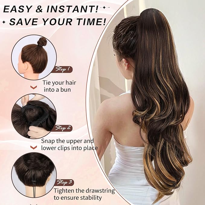 Ponytail Extension, Drawstring Ponytail Extension for Women 26 Inch Long Wavy Highlight Pony Tails Hair Extensions Synthetic Clip in Ponytail Hairpiece for Women Brown with Blonde Highlights