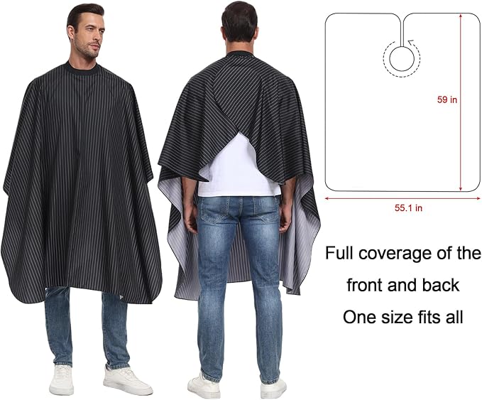 PERFEHAIR Pinstripe Barber Cape with Soft Silicon Neck Collar | Professional Hair Cutting Cape for Stylists & Adults | Hair & Water Repellent| Adjustable Snap Closure, 59" x 55", Black