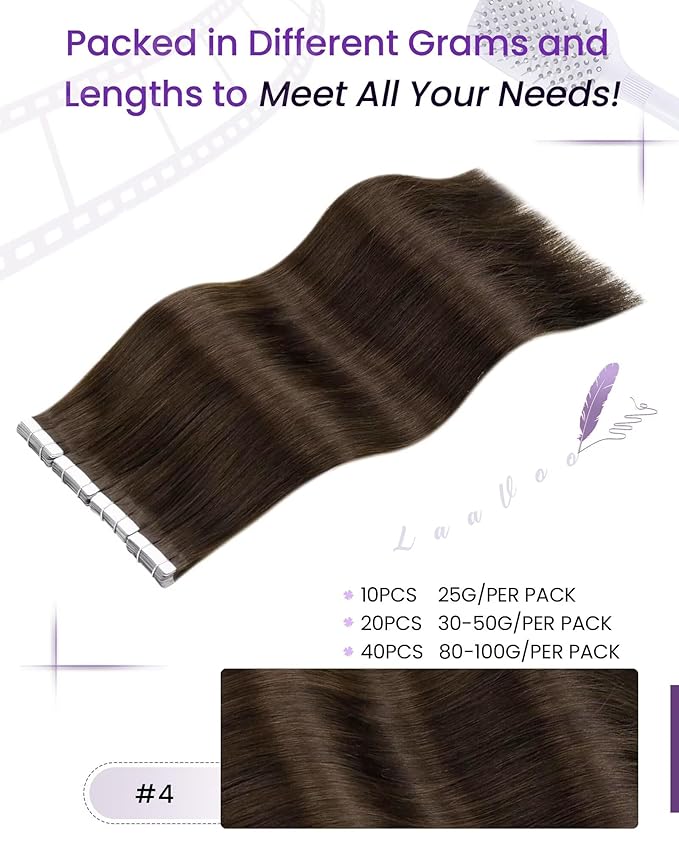 LaaVoo Tape in Hair Extensions Human Hair Brown Tape in Extensions Invisible Hair Extensions Tape on Human Hair for Women 26inch 20pcs 65g