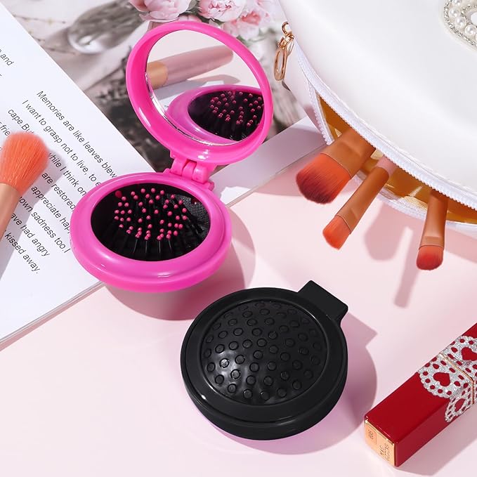 2pcs Folding Travel Mirror Hair Brushes Round Mirror Pocket Hair Brush Portable Mini Pop Up Hair Brushes for Women Girls Wet and Dry Hair