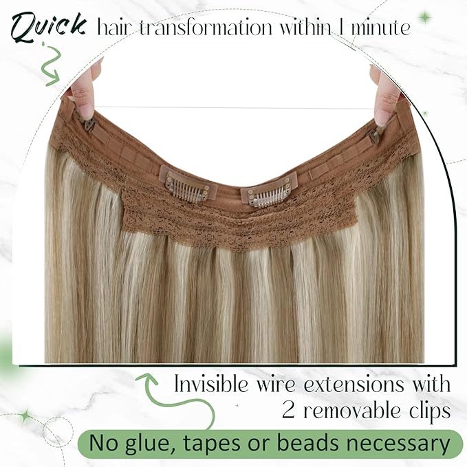 RUNATURE Secret Wire Hair Extensions, Invisible Human Hair Extensions with Transprent Fish Line Extensions, Straight Remy Natural Hair for Women, Tangle-free, 12 Inch 70g #8P24 Brown Highlight Blonde