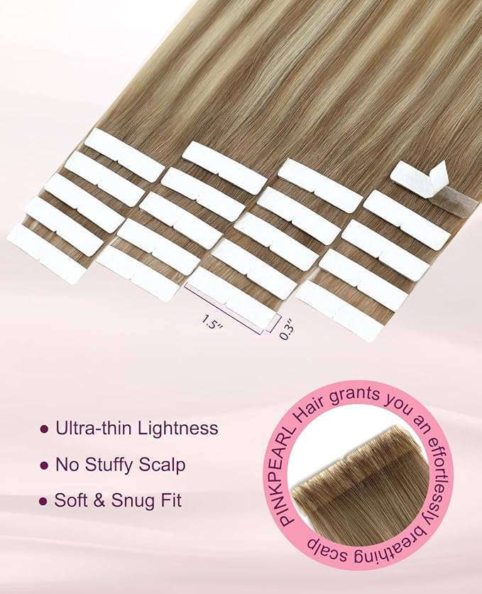 Pinkpearl Invisible Tape in Hair Extensions Human Hair, 20pcs 20inch 55g #8T60 Balayage Ash Brown to Platinum Blonde Injection Tape in Extensions Real Remy Seamless Human Hair Injected
