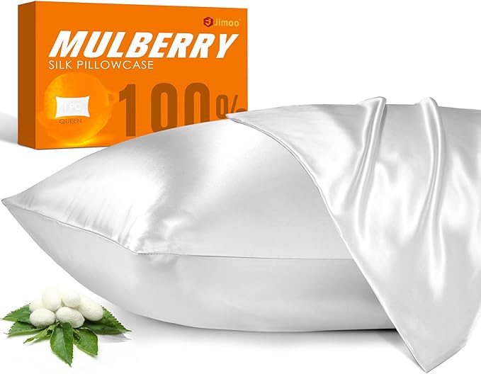 100% Mulberry Silk Pillowcase for Hair and Skin, 22 Momme Pure Natural Silk Pillow Case Both Sided with Zipper, Pillow Cover for Women Mom Men (White, Queen 20''×30'', 1 Pack)