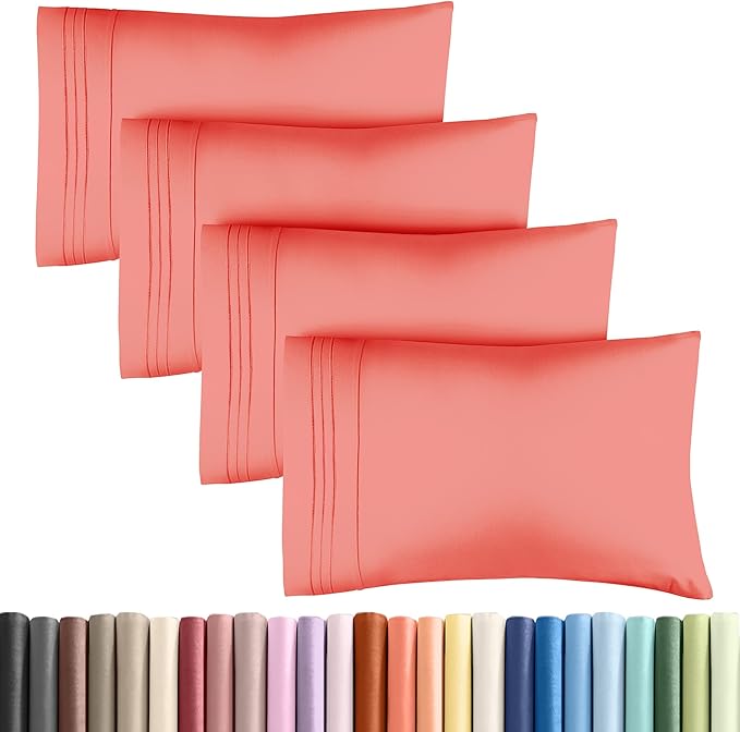 King Pillow Cases Set of 4 - Ultra Soft Hotel Quality Pillowcase Covers - Comfy, Cozy & Wrinkle Free - Shrinkage, Stain and Fade Resistant - Machine Washable Pillow Protectors - 4 Piece Set - Coral