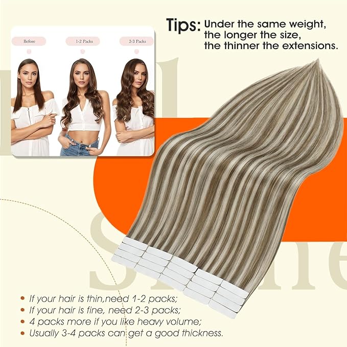 Full Shine Tape in Blonde Hair Extensions Tape in Extensions Human Hair Color 8 Ash Brown Highlighted 60 Platinum Blonde Seamless Hair Extensions Tape ins 50G Straight Remy Hair for Women 20Inch 20Pcs
