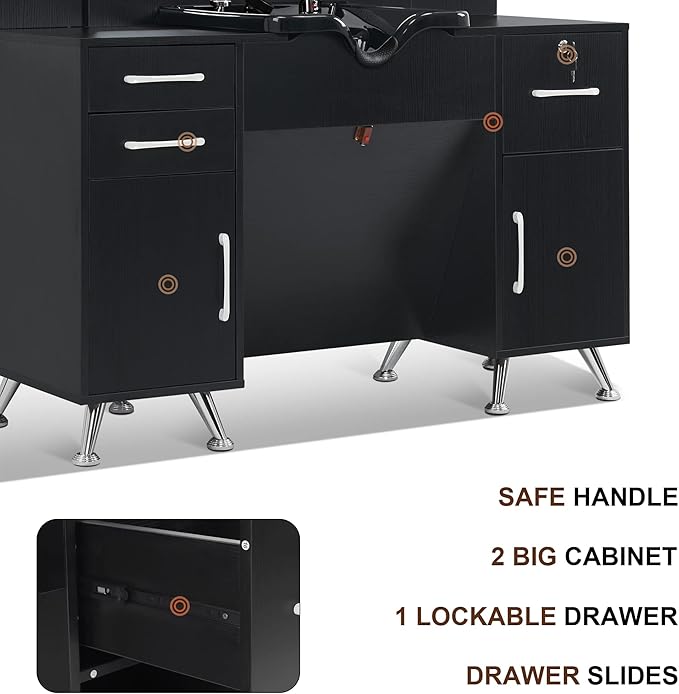 BarberPub Backwash Shampoo Bowl Cabinet, Wall Mount Station with Mirror, Storage Cabinet with Drawers & Shelf Salon Equipment 3141 (Black)