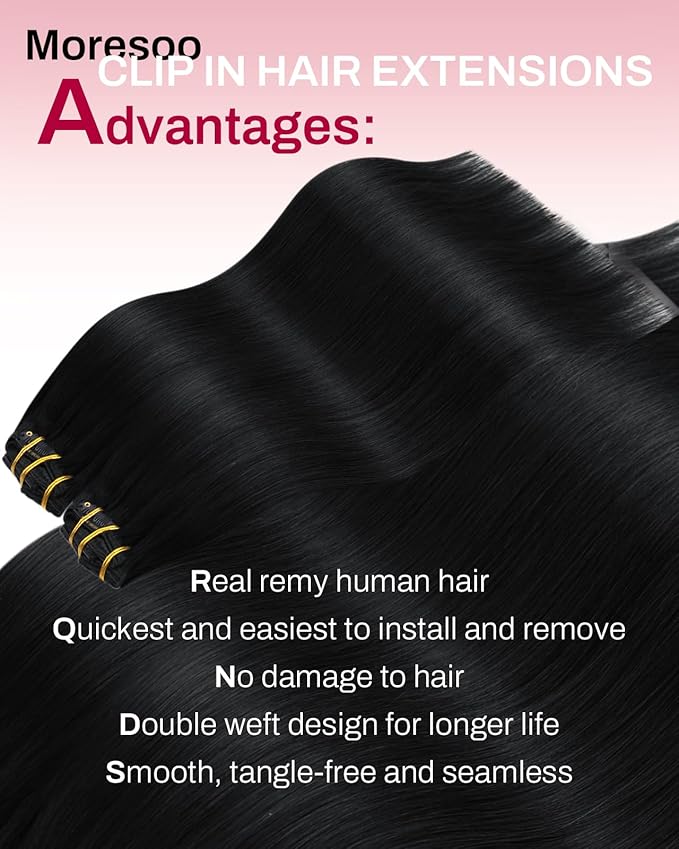 Moresoo Clip in Hair Extensions Black Women Double Weft Human Hair Clip in Extensions Black Hair Extensions Clip ins Real Human Hair Jet Black 7pcs/135g 16inch