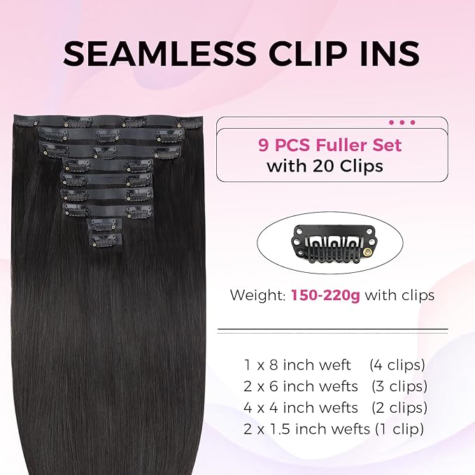 Lashey Seamless Clip in Hair Extensions Human Hair Extensions, 200g 9pcs Straight Natural Black Fuller Real Human Hair Clip in Extensions 22 Inch