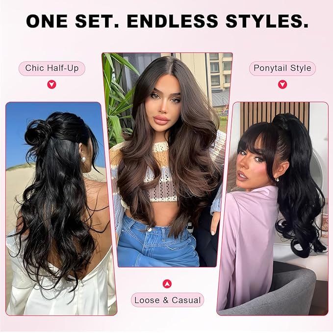 ALXNAN Clip in Hair Extensions,Natural Black Long Wavy Hair Extensions Soft Synthetic Thick Hairpieces for Women 20 Inch